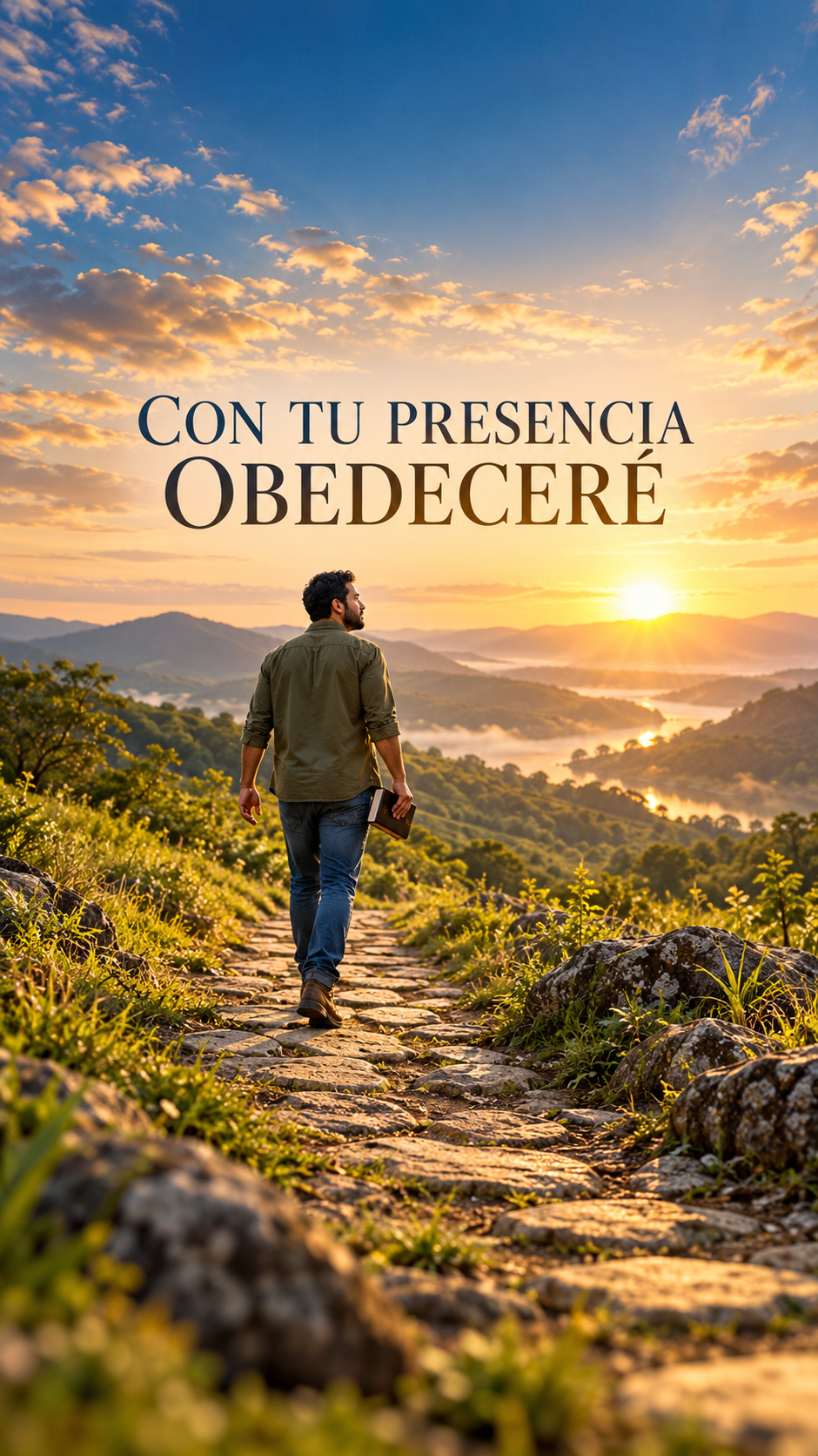 Un hombre camina por un sendero de montaña con una Biblia en la mano, hacia un valle al amanecer.