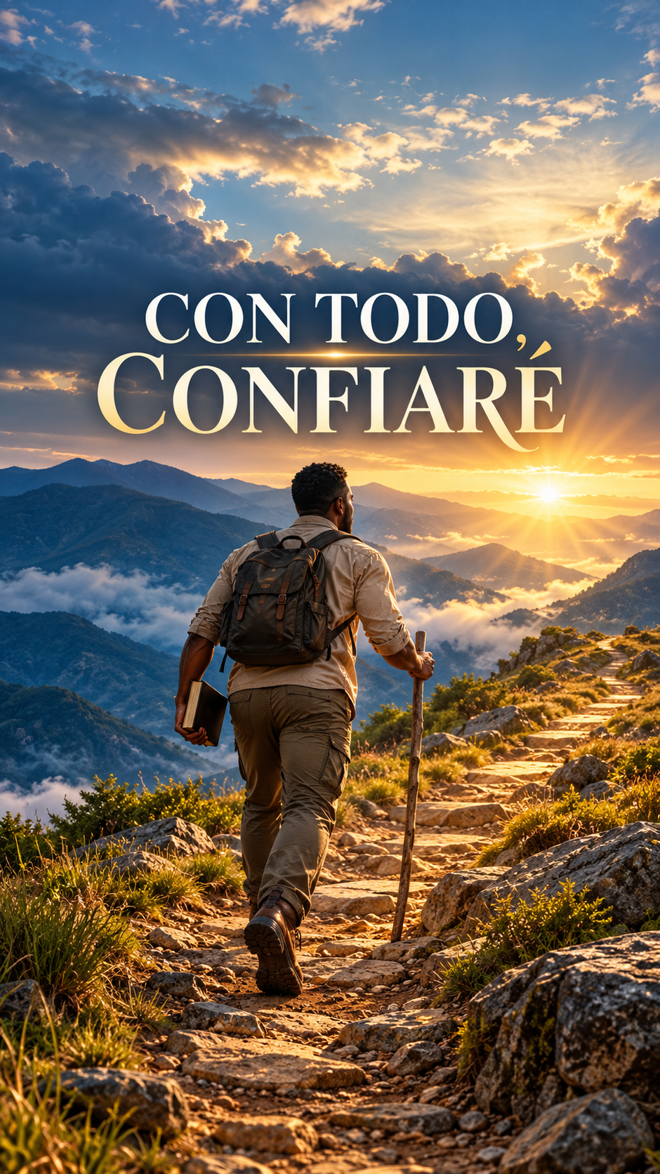Con todo, confiaré: caminante con Biblia y bastón en un sendero difícil iluminado por el amanecer.