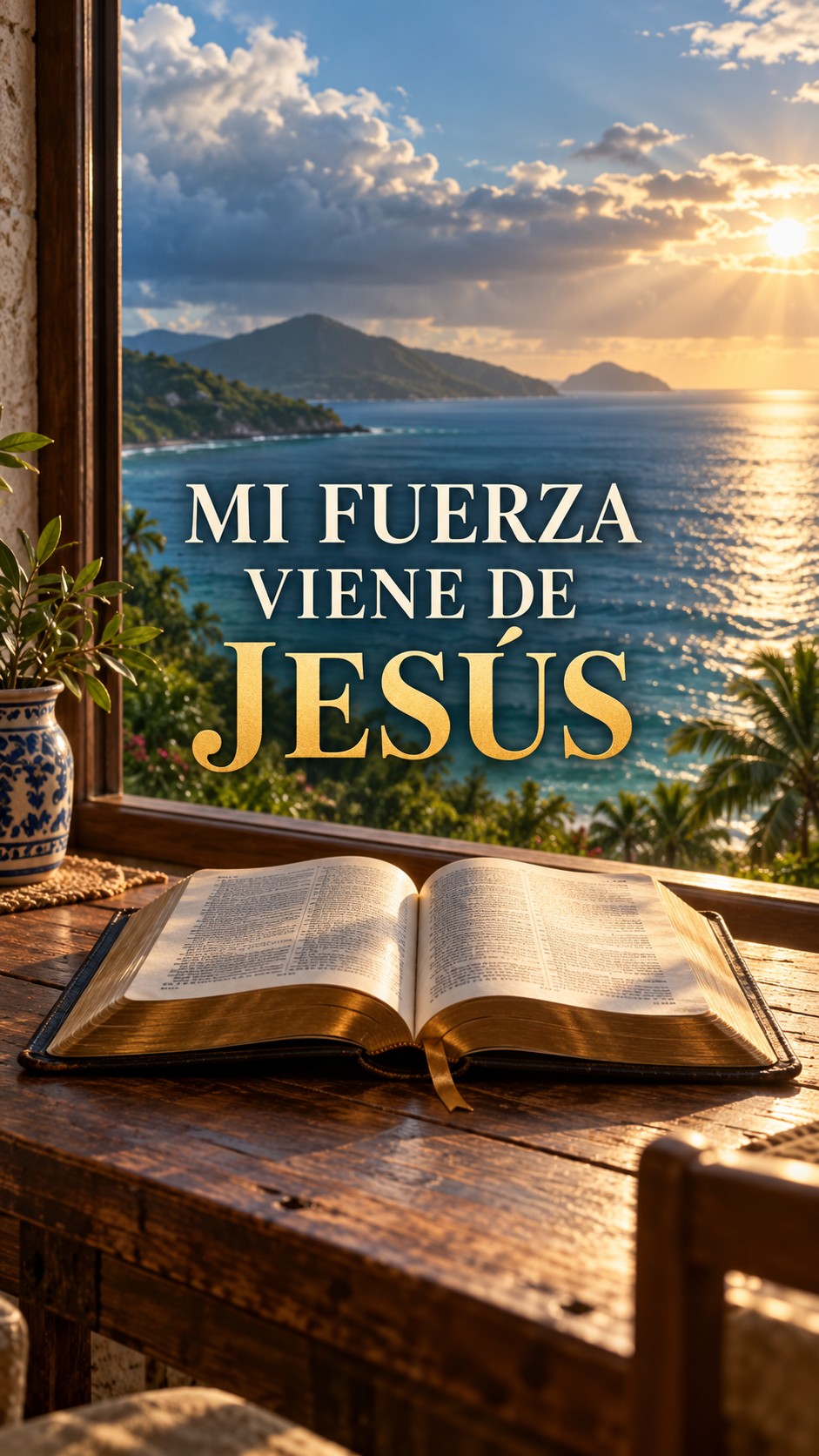 Mi fuerza viene de Jesús: Biblia abierta junto a una ventana frente al mar.