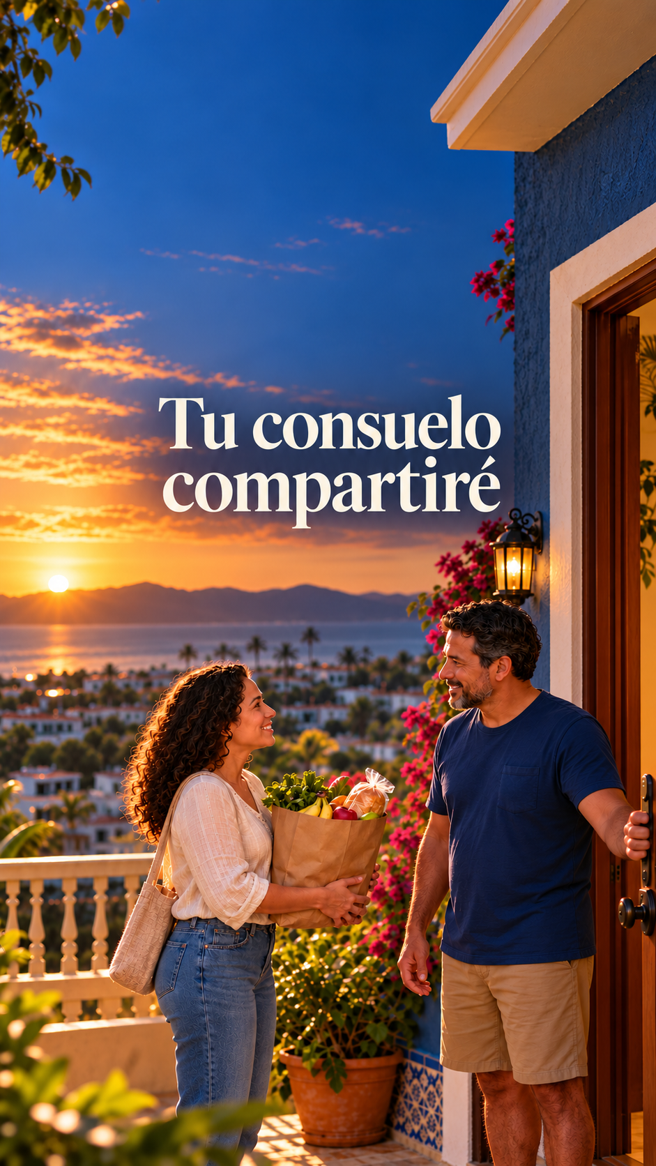 Una mujer lleva una bolsa de alimentos a un hombre que la recibe en la puerta de su casa al atardecer.