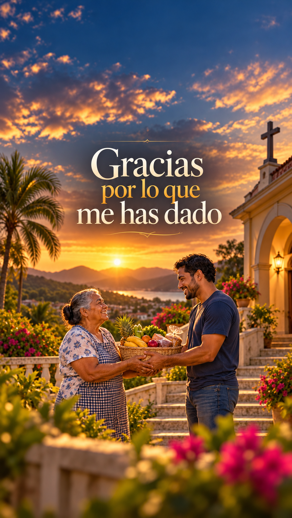 Dos personas comparten una canasta de alimentos frente a una iglesia al atardecer.