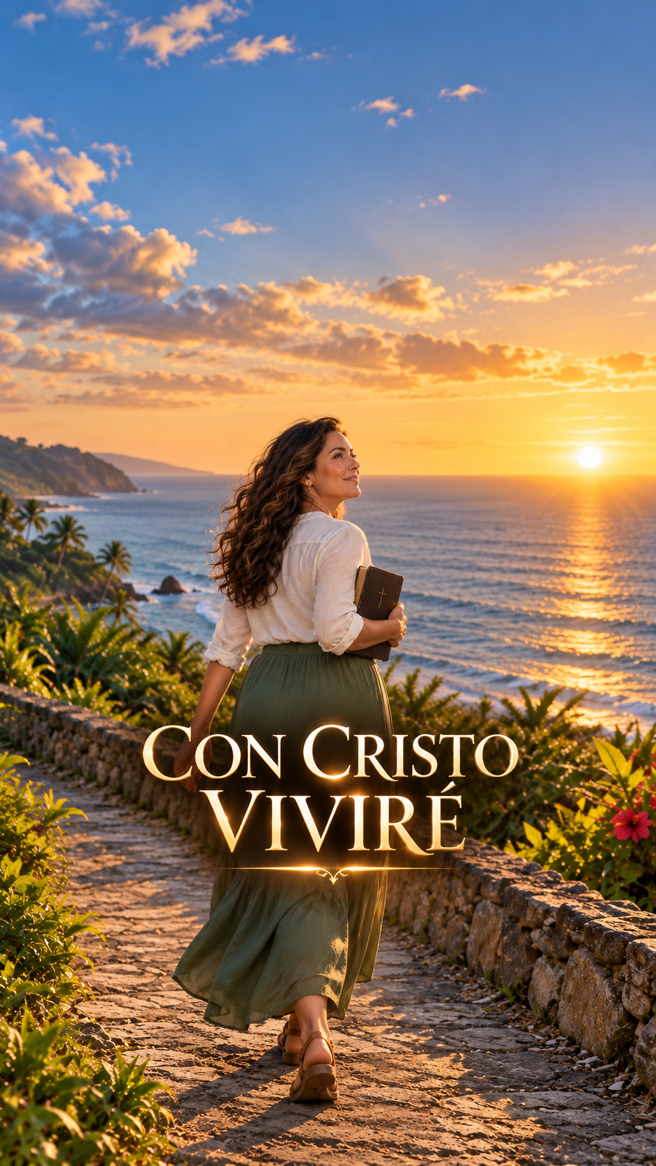 Con Cristo viviré, con una mujer que lleva una Biblia por un sendero frente al mar.